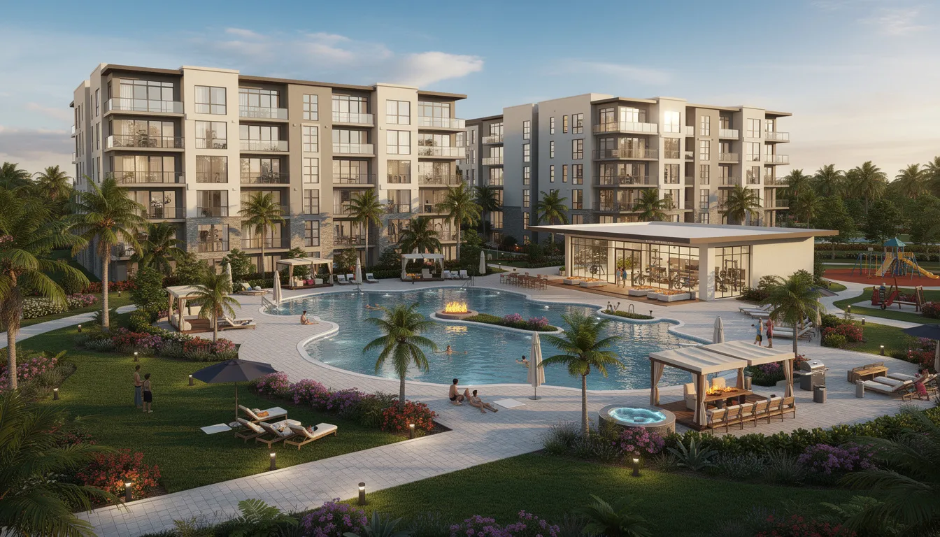 The image depicts a modern condominium complex in Lee County, featuring resort-style amenities such as a pool, fitness center, and landscaped gardens. This vibrant setting exemplifies the appealing lifestyle options available in the Southwest Florida housing market.
