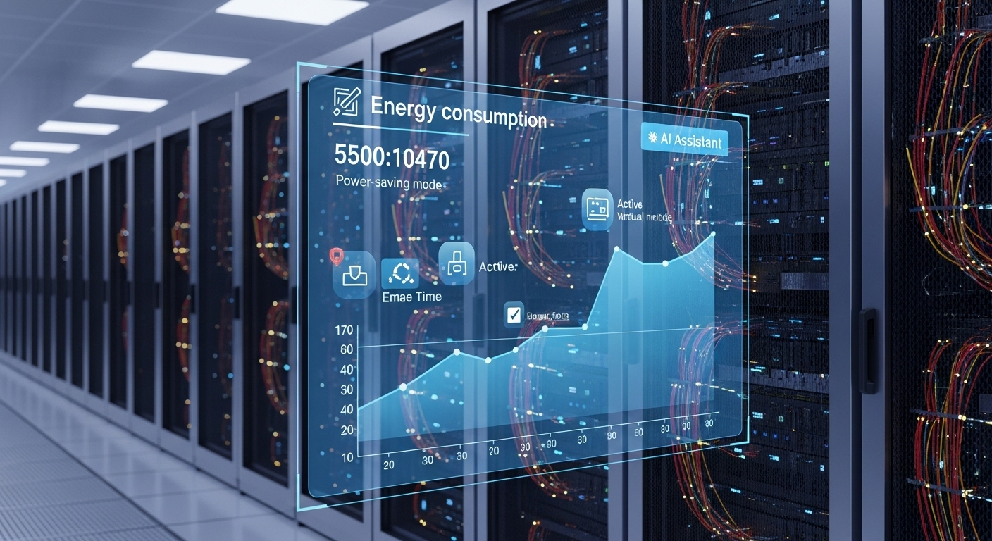 AI-optimized data center reducing active virtual machines to lower energy consumption.
