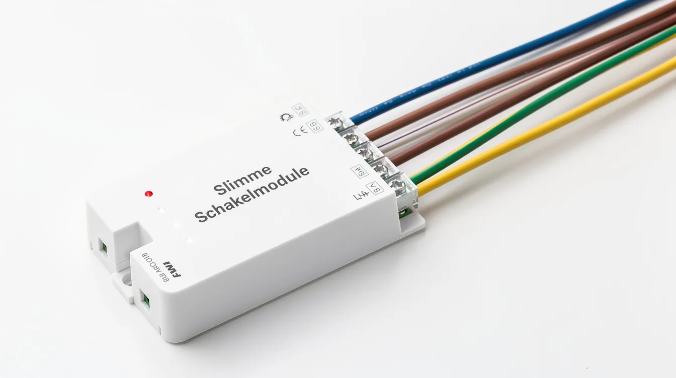 De afbeelding toont een slimme schakelmodule naast installatiedraad, waarbij twee schakelaars zichtbaar zijn die onderdeel uitmaken van een hotelschakeling. De draden zijn gemarkeerd en de module biedt een praktische oplossing voor het bedienen van één lamp vanuit meerdere plekken.
