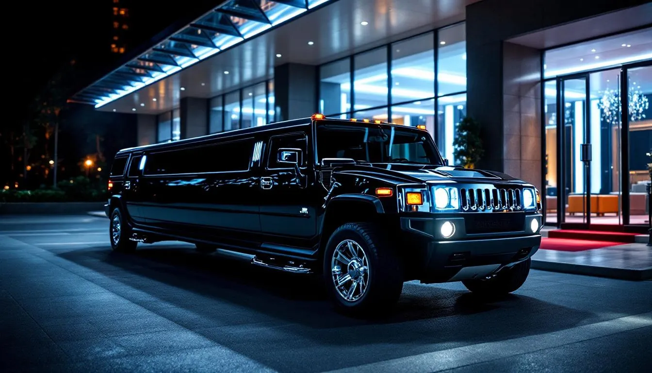 En lyxig stretch Hummer-limousine med dramatiska yttre ljus parkerad utanför en exklusiv lokal — skapar en iögonfallande entré vid alla speciella tillfällen. Denna Hummer H2-limo lovar en ultimata lyxupplevelse, perfekt för bröllop, baler eller fester.