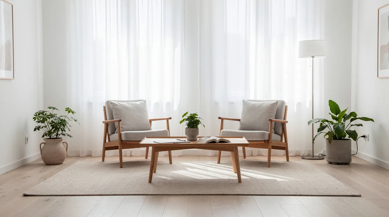 Ett ljust och luftigt skandinaviskt vardagsrum med klassiska träfåtöljer och minimalistisk inredning, som skapar en tidlös och stilren känsla. Rummet har en enkel men elegant design som reflekterar den svenska designtraditionen.