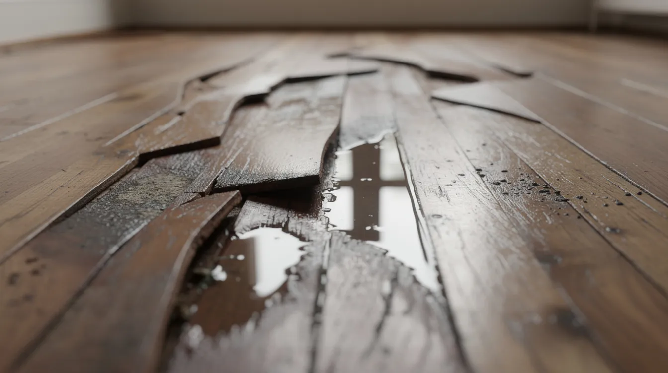 The image depicts warped and buckled hardwood flooring, indicating signs of water damage, which may result from hidden leaks or high humidity. Homeowners should be aware of such visible damage as it can lead to further structural issues and expensive repairs.