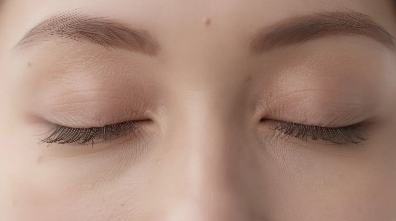 A close-up image of a person's closed eyes highlights the natural eyelid creases under soft lighting, showcasing smooth eyelid skin and minimal visible scarring that may result from eyelid surgery. The gentle illumination emphasizes the contours and texture of the eyelids, reflecting a healing process that contributes to an improved eye appearance.