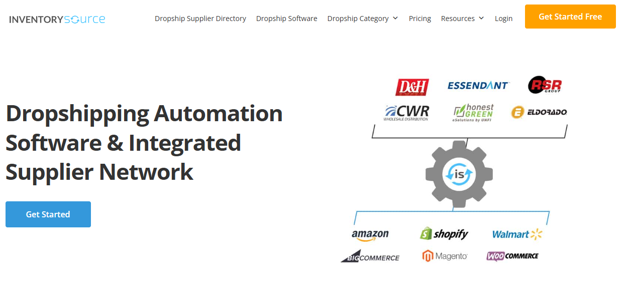 Inventory Source homepage showing dropshipping automation software connecting supplier networks with Amazon, Shopify, Walmart, and other stores