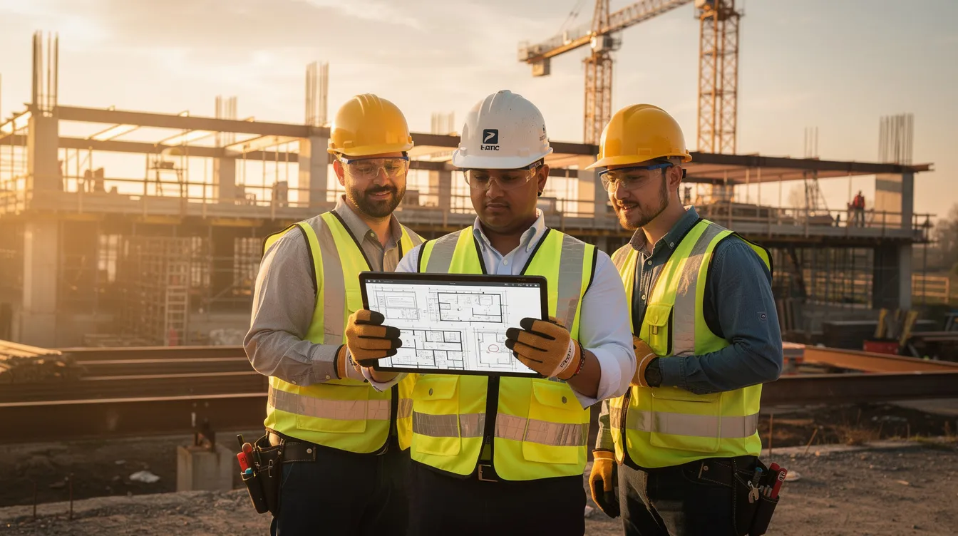 A superintendent is reviewing digital plans on a tablet, surrounded by two crew members on a construction site, showcasing the integration of construction technology for real-time project management and collaboration among field teams. This scene highlights the importance of data-driven decisions and efficient communication in the construction industry.