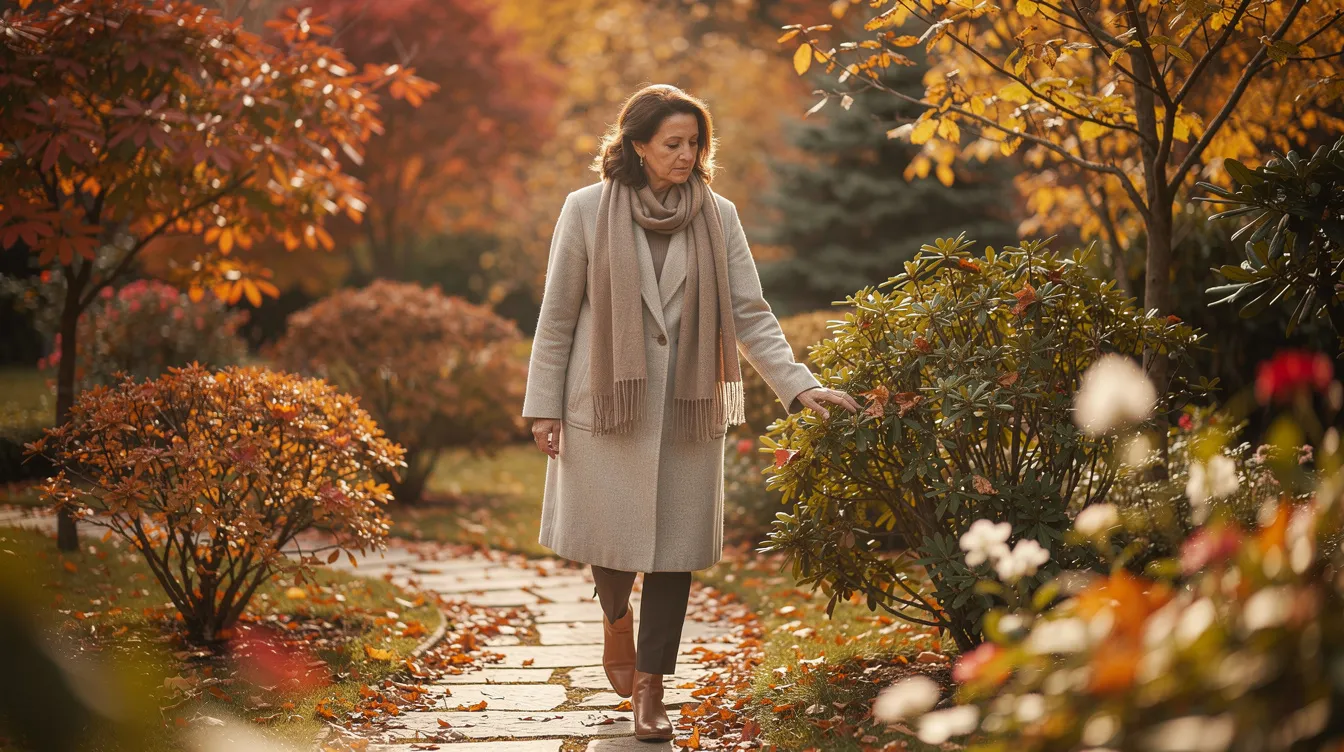 A woman in her 40s walks through a serene autumn garden, appearing contemplative as she reflects on her mental health journey, which may include experiences with bipolar disorder symptoms such as mood swings and depressive episodes. The vibrant fall leaves surround her, symbolizing the changes and complexities of her emotions.
