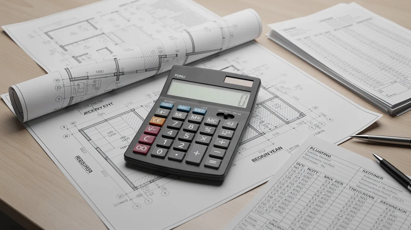 The image features a calculator placed on top of construction blueprints and financial documents, suggesting a focus on real estate investment and financing. This setup may indicate calculations related to hard money loans or traditional bank loans for property development.