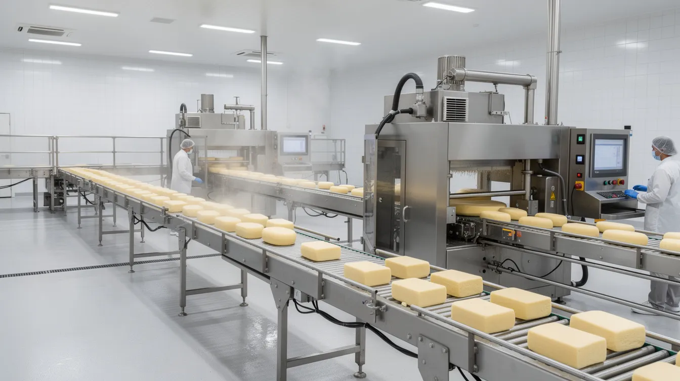 f049b970 5c1a 457d aea1 94b42974e132 The image depicts an industrial cheese production line featuring stainless steel conveyors and automated pressing equipment, essential for the cheese making process. It showcases the efficiency of cheese production, where cheese curds are formed and processed into various types of cheese, including cheddar and cream cheese.