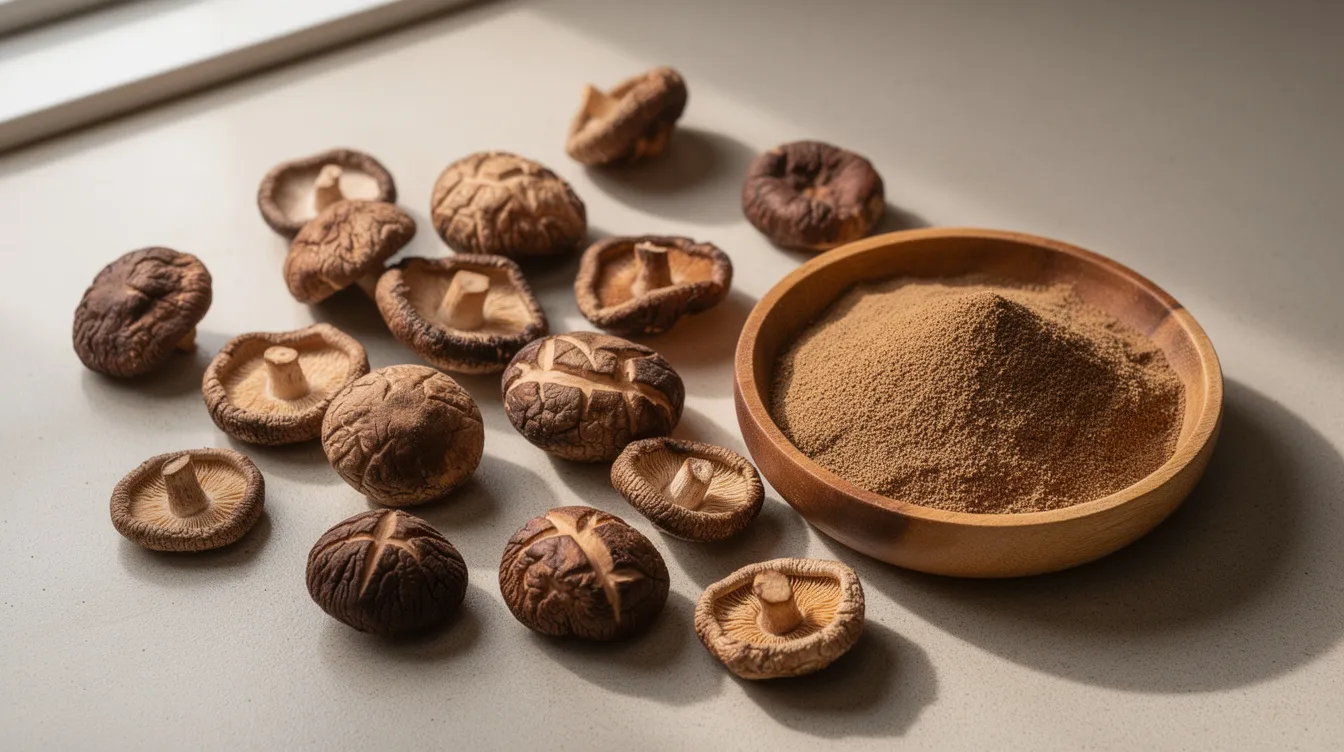 The image shows dried shiitake mushrooms alongside a small wooden bowl filled with shiitake powder, placed on a kitchen counter. These edible mushrooms are known for their numerous health benefits, including immune system support and promoting heart health.