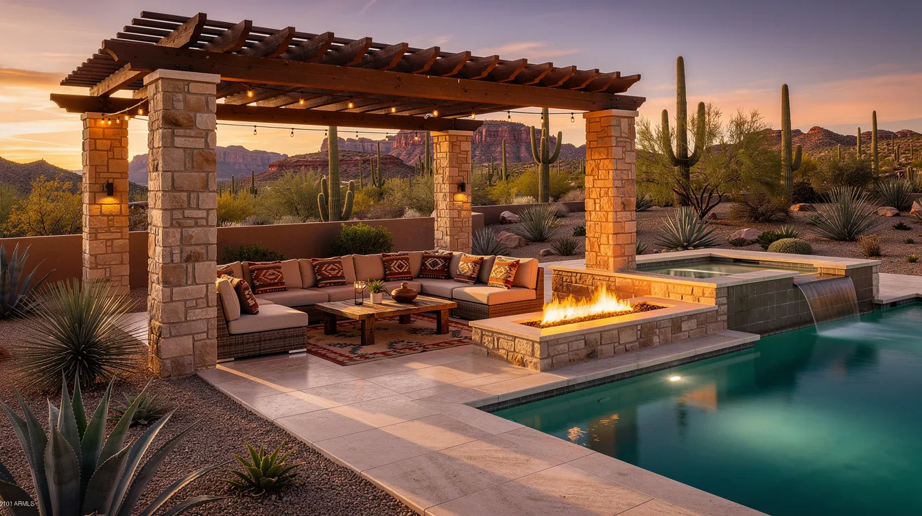 The image depicts an outdoor living space in Arizona, showcasing impressive landscape designs with a well-arranged layout of plants, trees, and outdoor furniture. The scene features a cozy patio area with a dining set, surrounded by vibrant greenery and a swimming pool, illustrating a perfect blend of relaxation and style in a desert environment.