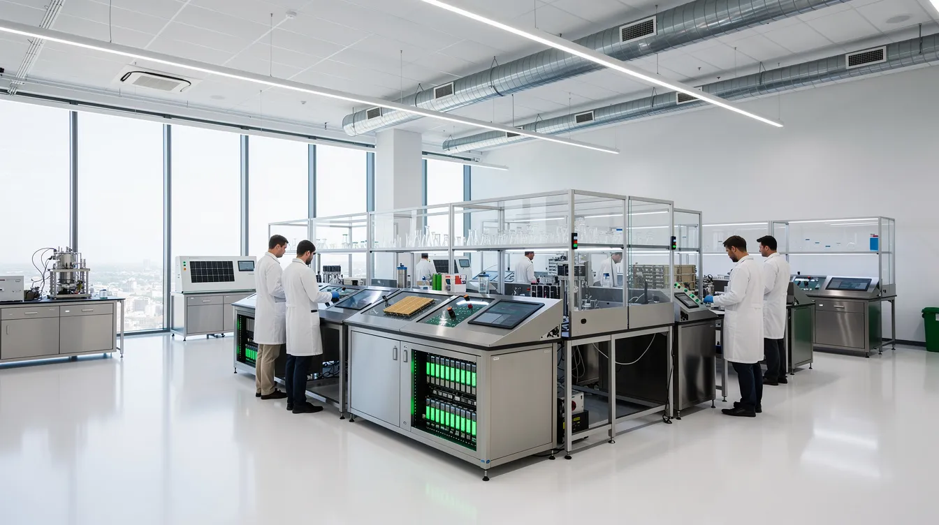 Nowoczesne laboratorium badawcze z czystymi technologiami, w którym pracownicy prowadzą badania nad technologią perowskitową, mając na celu rozwój innowacyjnych rozwiązań w branży OZE. W tle widać urządzenia laboratoryjne oraz materiały związane z działalnością firm takich jak Columbus Energy i Saule Technologies, a także postać Olgi Malinkiewicz, która jest kluczową osobą w tej dziedzinie. Dawid Zieliński