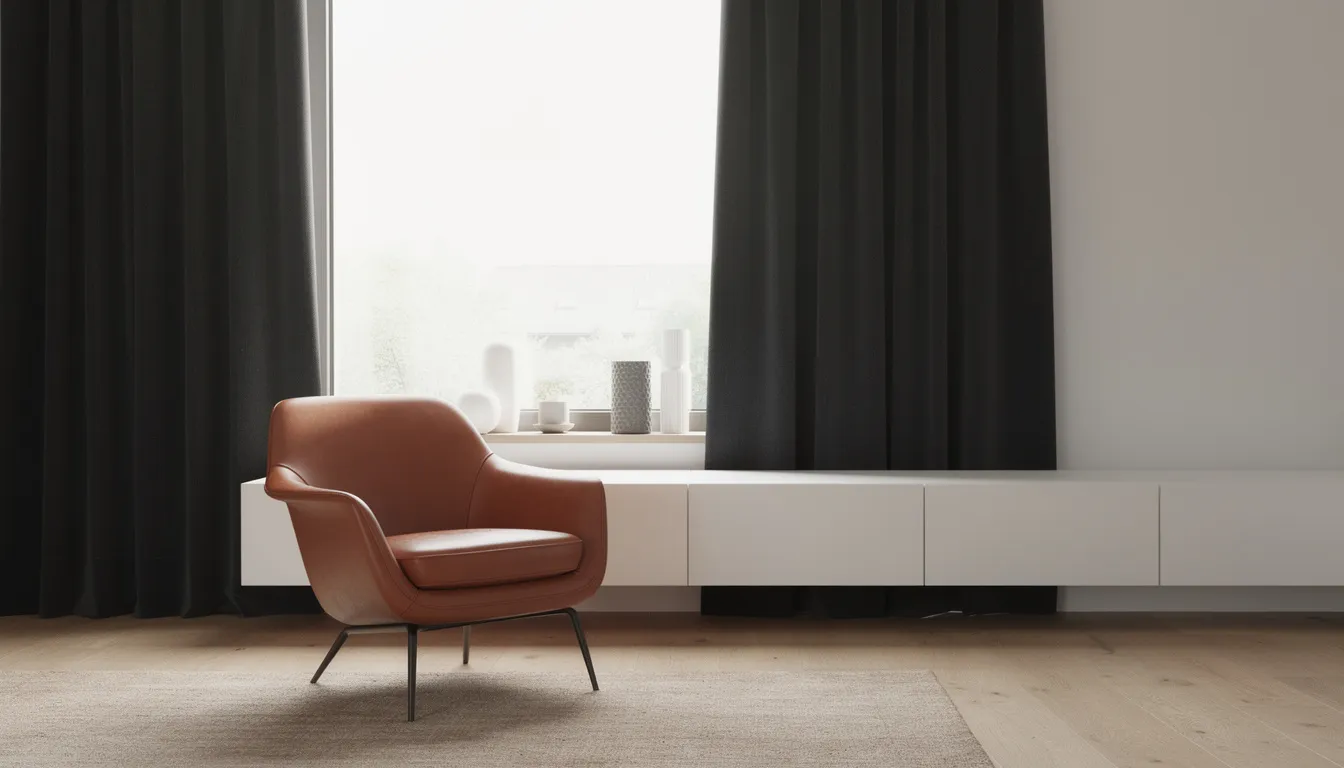Een moderne zithoek met een witte MDF vensterbank, donkere gordijnen die tot de vloer reiken en een stijlvolle cognackleurige leren fauteuil. De combinatie van de luxe uitstraling van de fauteuil en de mooie afwerking van de vensterbank creëert een warme en uitnodigende sfeer in het interieur.