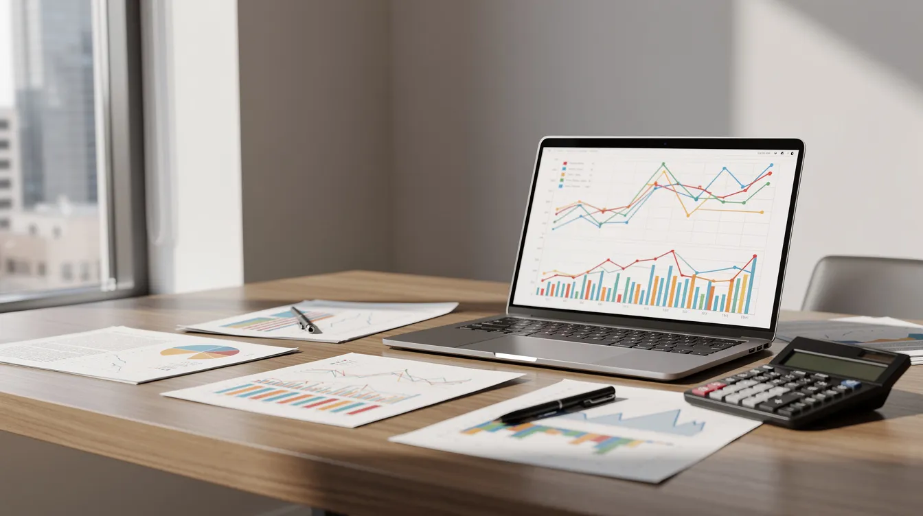 f04b123a 41db 4612 8ba6 c120a5375dde The image depicts a professional workspace featuring a wooden desk illuminated by natural light, equipped with a laptop, a calculator, and financial charts. This setting suggests a focus on project financials and market research, possibly related to the poha manufacturing business and its associated costs and profitability ratios.