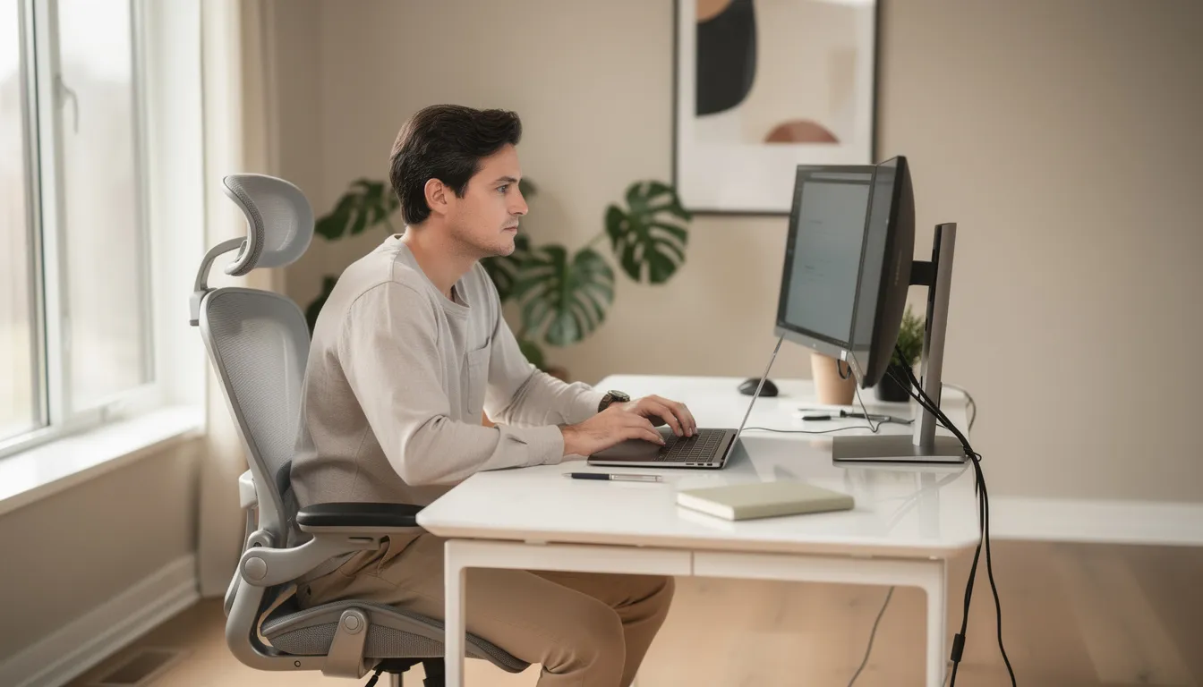 A professional is seated at a sleek, modern home office desk, working independently on a laptop surrounded by organized paperwork and a few personal touches. This setup reflects a focus on financial well-being, possibly involving discussions around retirement savings plans, investment options, and strategies for maximizing employer contributions to a 401(k) plan.