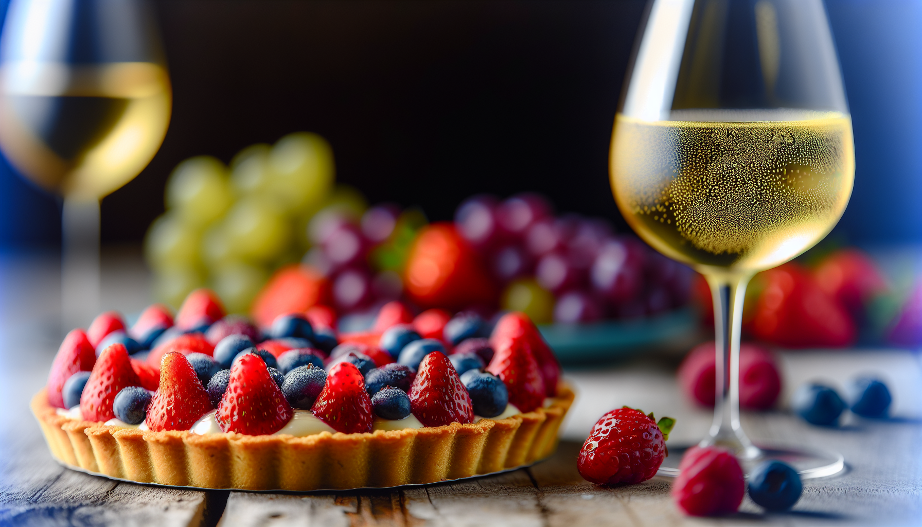 Delicious fruit tart served with a glass of sweet white wine
