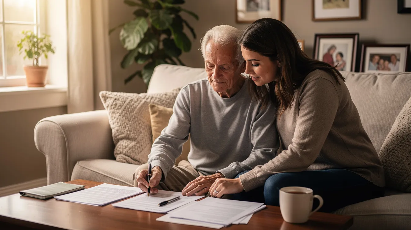 An elderly person is sitting comfortably at home, engaged in a discussion with their adult daughter as they review paperwork together. This scene reflects the importance of home health services and support for families navigating care options, including understanding Medicare home health benefits and services.