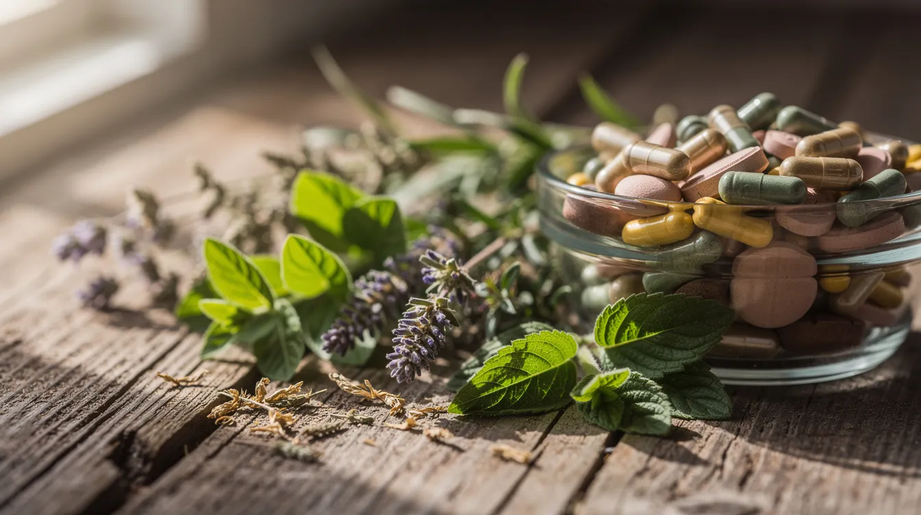 A close-up image showcases an assortment of natural herbs and supplement capsules neatly arranged on a wooden surface, emphasizing ingredients that support testosterone production and overall male vitality. The scene highlights the importance of natural compounds in enhancing energy levels, muscle growth, and optimal hormone balance for improved physical performance.