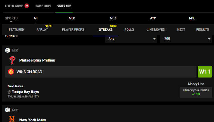 Stats Hub feature displaying streaks.