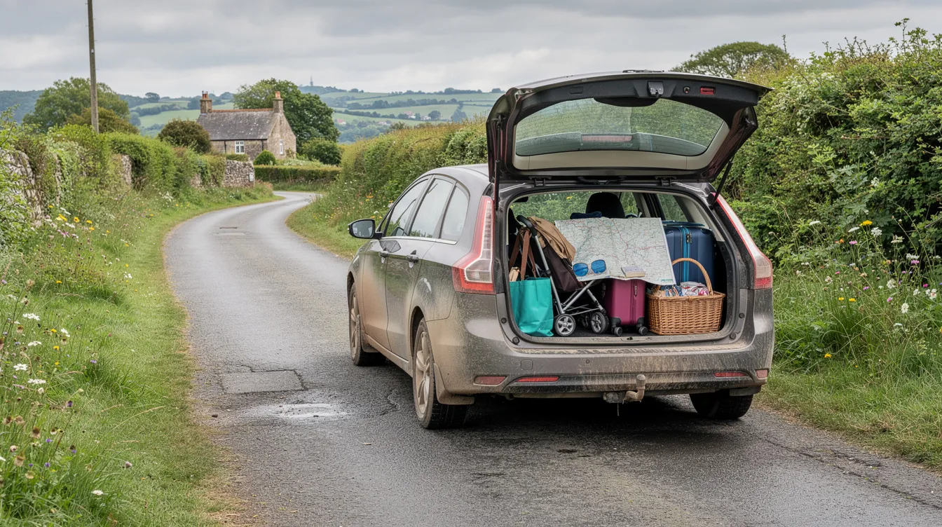 A family car, filled with luggage and supplies for a journey, is parked on a rural Somerset road, surrounded by lush greenery. This scene captures the essence of adventure and the practicality of modern vehicles, showcasing the boot space and improved fuel efficiency that make it a reliable choice for family trips.