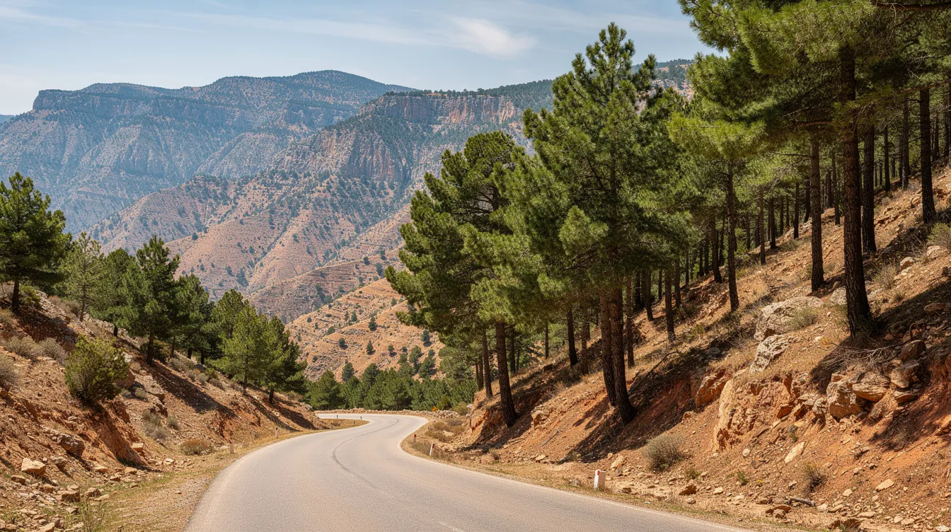 Une route sinueuse traverse les majestueuses montagnes du Moyen Atlas marocain, bordée de cèdres verdoyants. Ce paysage pittoresque invite les voyageurs à explorer les merveilles naturelles du Maroc, à proximité de Fès, tout en profitant d'un road trip mémorable.