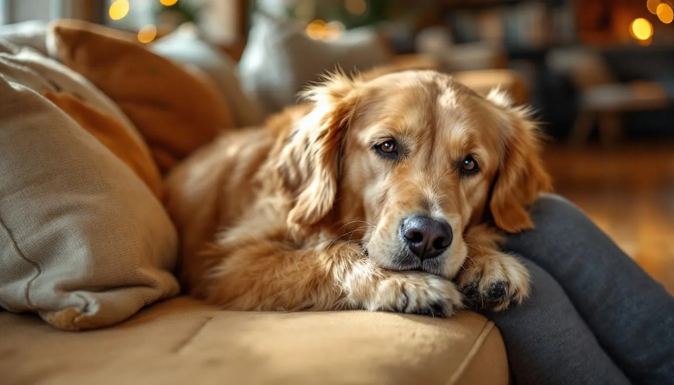 A gentle golden retriever cuddles closely to a person on a comfortable couch, showcasing the deep bond between pet parent and pup. This heartwarming scene highlights the loyal and affectionate nature of dogs, often reflecting the nurturing qualities associated with zodiac signs.