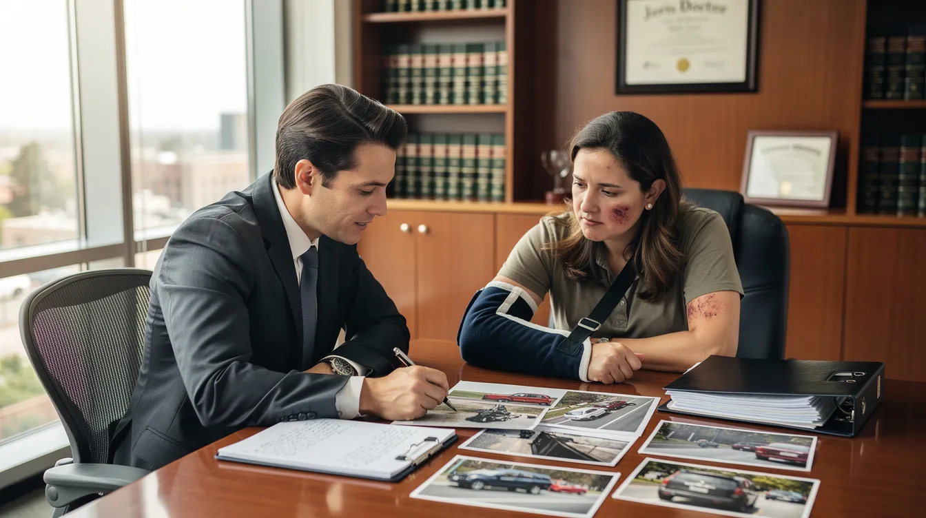 An attorney is seated at a table, reviewing accident photos and legal documents with an injured client, who appears concerned. The setting suggests a focus on a multi vehicle accident case, emphasizing the importance of legal representation in navigating insurance claims and determining liability for the injuries sustained.
