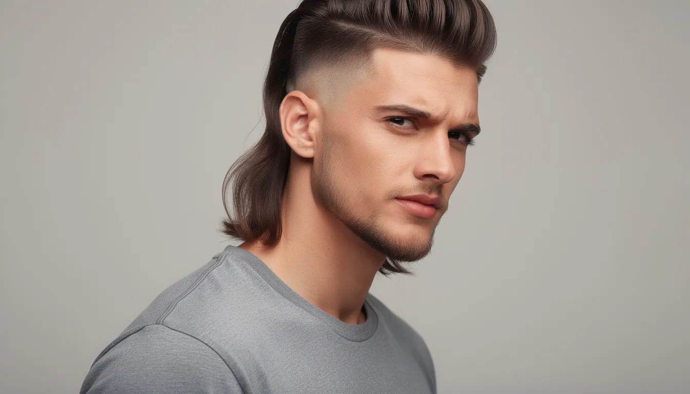 Un hombre joven luce un moderno corte de cabello estilo mullet con laterales degradados, que refleja las nuevas tendencias en barbería. Su look combina un acabado pulido en la parte superior con un toque de estilo que resalta su personalidad.