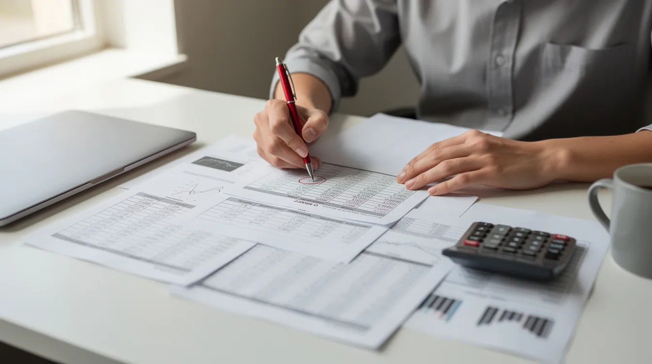 f0562d3f 452b 4f61 afe0 be1fe62fbe35 A person is reviewing financial figures on printed pages, using a red pen to make notes and corrections. This scene likely relates to a project report for a mudra loan, focusing on the financial analysis and commercial aspects of a small business.