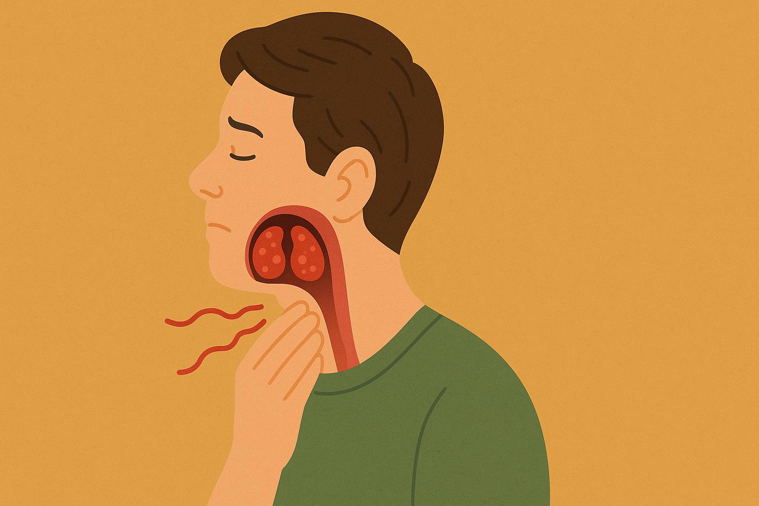 En person med lukket øyne og hånden på halsen viser tegn til ubehag, med hovne mandler og smerte illustrert i halsområdet.