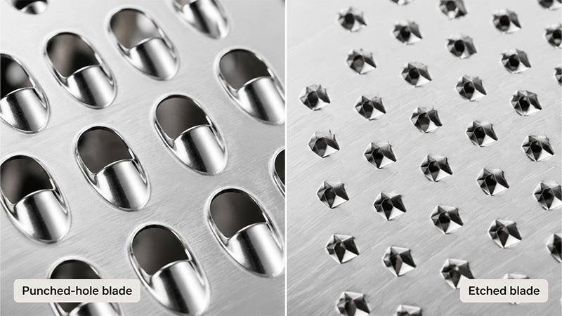 Punched-hole blade vs. etched-blade cheese grater comparison.