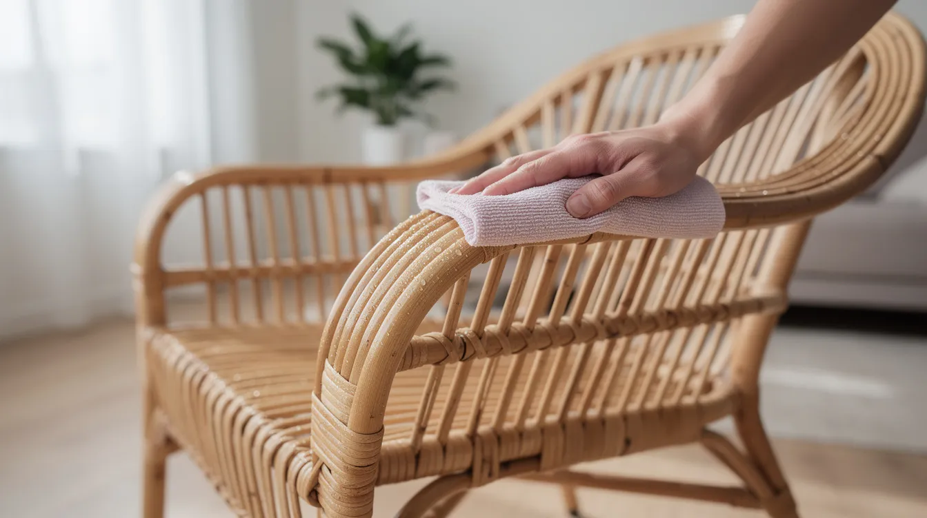 Een rotanstoel wordt schoongemaakt met een licht vochtige doek in een lichte woonkamer, waarbij de natuurlijke uitstraling van het rotan mooi tot zijn recht komt. De zorgvuldige reiniging helpt om het meubel in goede conditie te houden en toekomstige slijtage te voorkomen.