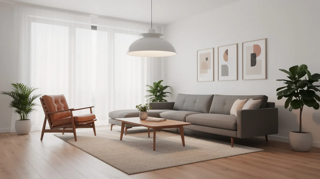 En modern skandinavisk vardagsrum med en stor taklampa i fokus, omgiven av mid-century möbler som ger en stilren och funktionell känsla. Rummet är ljust och luftigt, vilket skapar en inbjudande atmosfär för hemmets sociala samvaro.