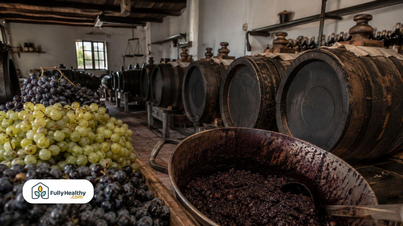 Traditional balsamic vinegar cellar with fresh grapes and wooden aging barrels
