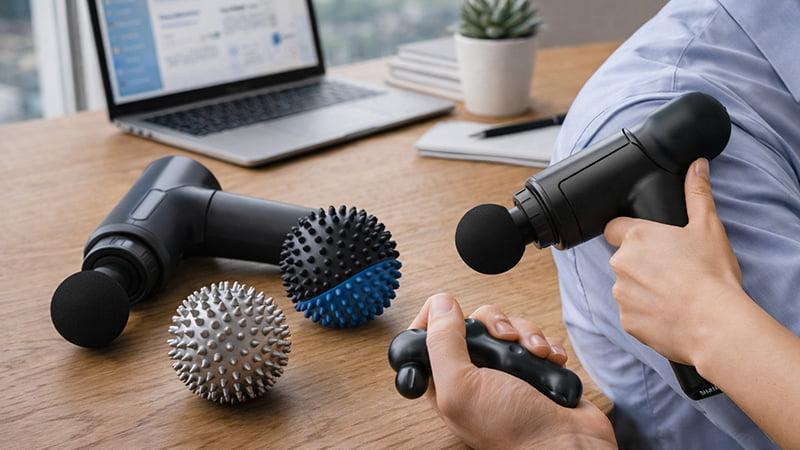 Handheld massage gun and acupressure tools used at a desk to relieve tension, a thoughtful client wellness gift.
