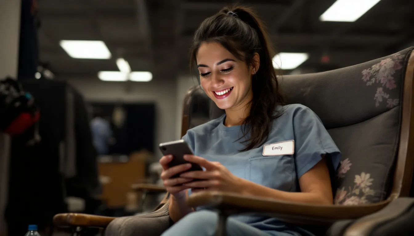 A retail employee is sitting comfortably in a chair, using a mobile device during their leisure time, likely engaging with a learning management system (LMS) to enhance their skills and knowledge relevant to the retail industry. This scene highlights the importance of mobile learning and employee training in fostering continuous development within retail businesses.
