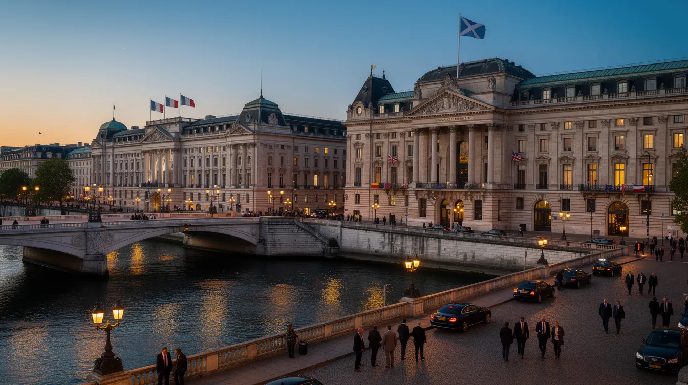 The image depicts a picturesque European cityscape featuring historic government buildings alongside a serene river, symbolizing the essence of Western diplomatic coordination and global issues. This setting reflects the significance of international gatherings, such as the G7 summit, where leaders collaborate on pressing matters like global security and economic stability.