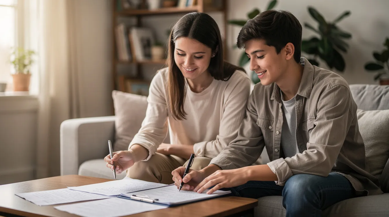 A parent and teen are sitting comfortably at home, reviewing notes together and appearing relaxed, symbolizing a supportive environment for discussing mental health challenges. This scene reflects the importance of family therapy and mental health support in navigating life's transitions and concerns.
