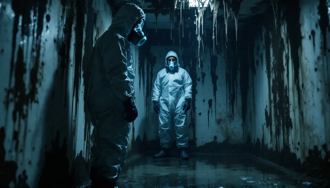 A professional conducting mold remediation in a residential area.