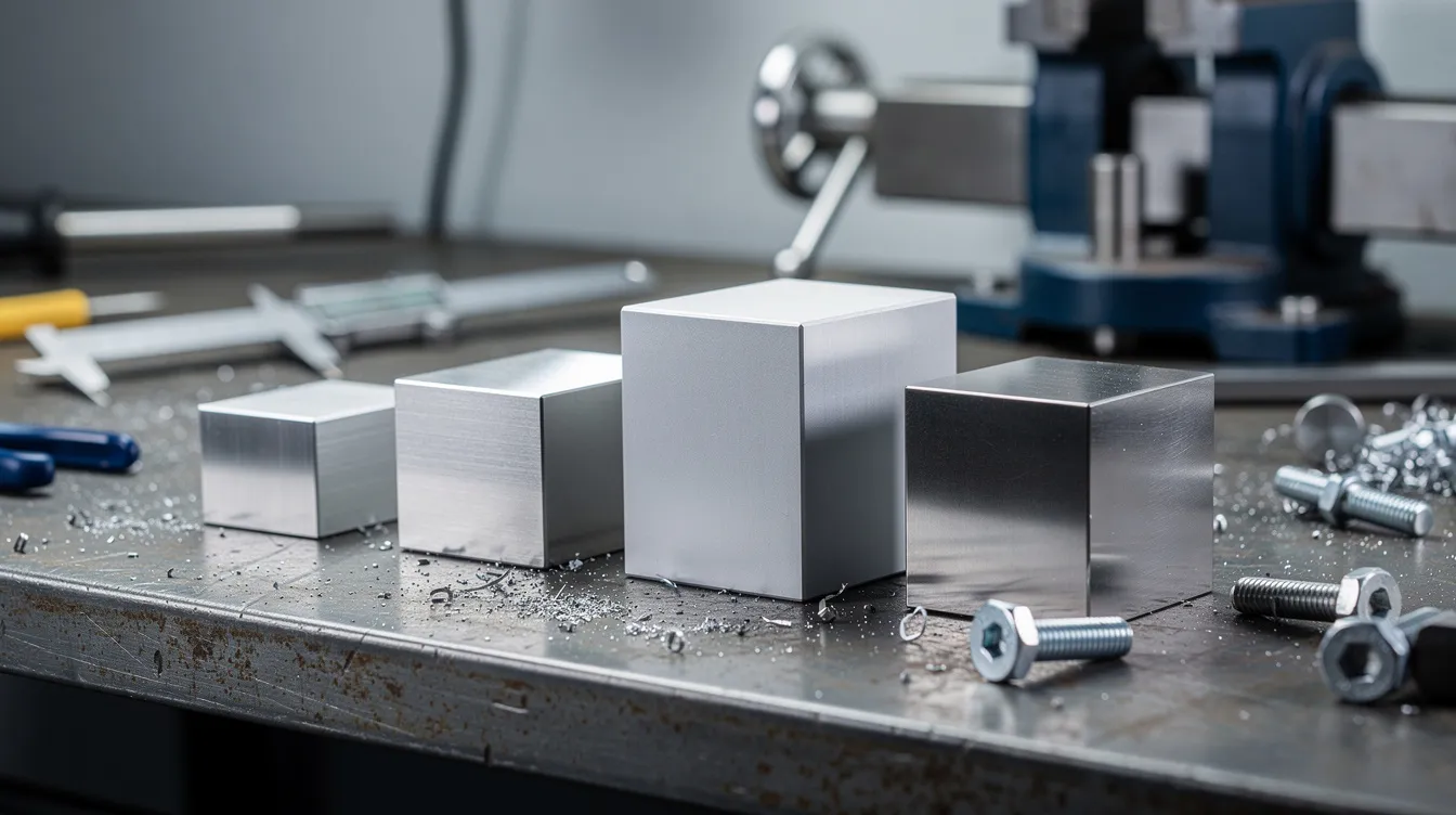 The image features various blocks of metal alloys, including aluminum, stainless steel, and titanium, neatly arranged on a machinist's workbench, highlighting the importance of precision machining and tight tolerances in the manufacturing process. These materials are essential for creating aerospace components and medical devices, where dimensional accuracy and quality control are critical.