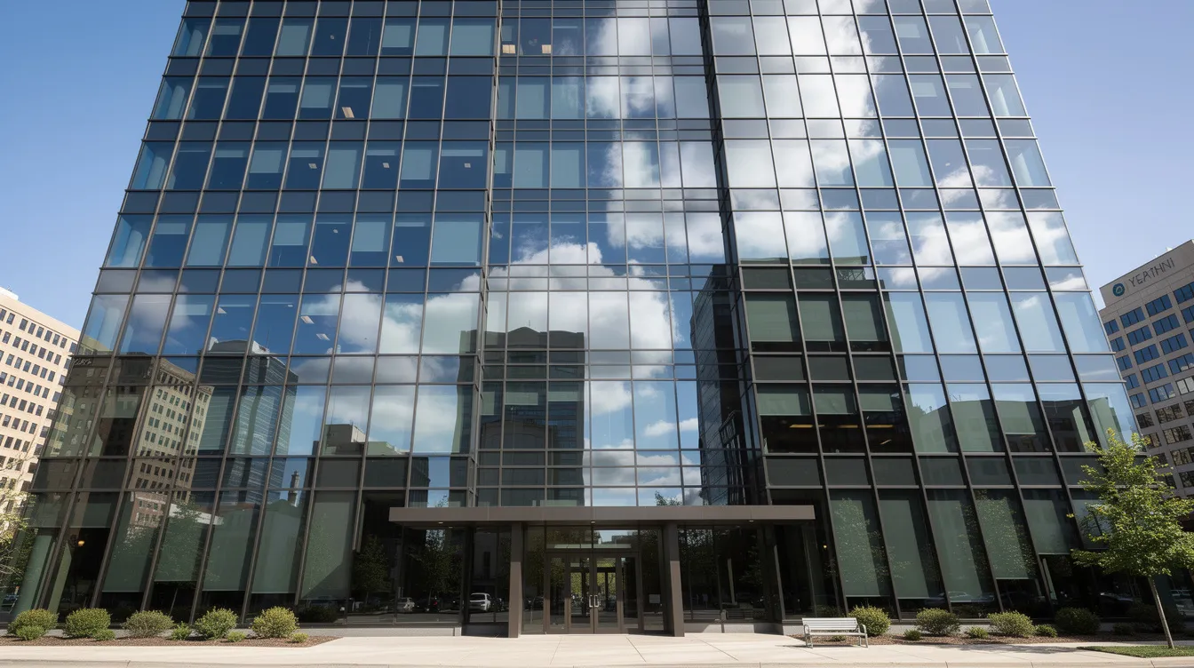 The image depicts a modern commercial building with a sleek glass facade featuring reflective window tinting, highlighting the contemporary style of the structure. This visual emphasizes the importance of quality window treatments, which are essential for both residential and commercial customers in the window covering industry.