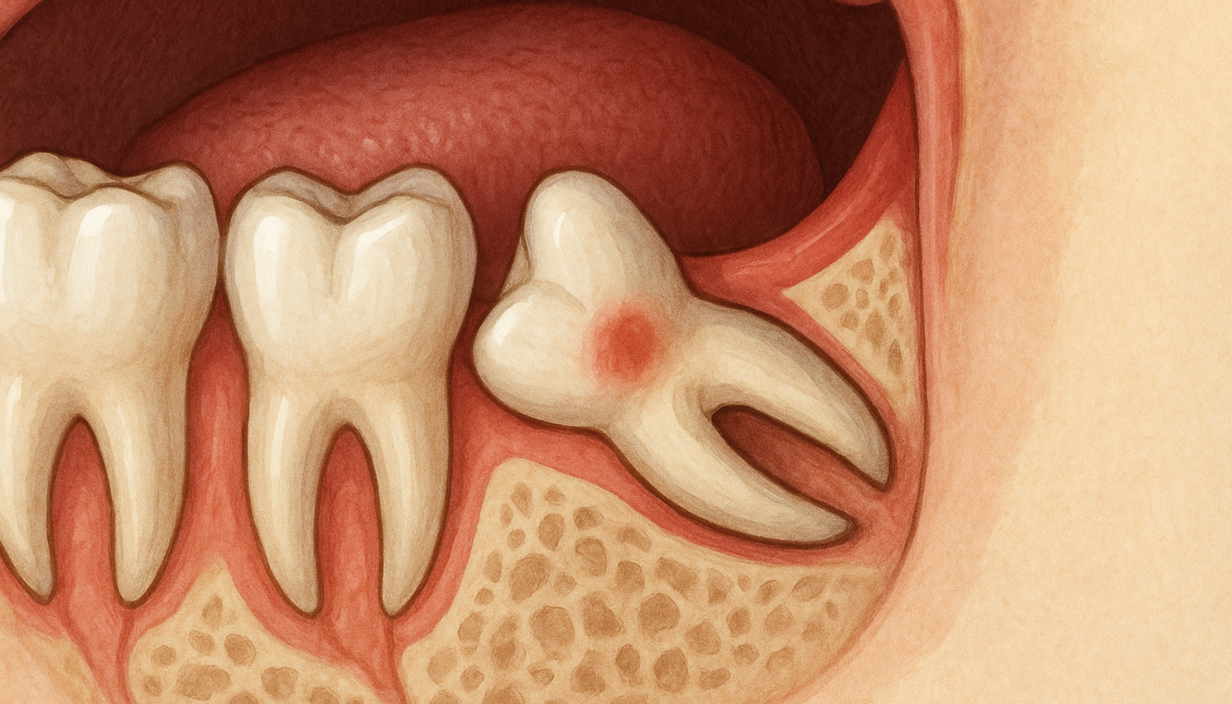 Illustrasjon av en retinert visdomstann som presser mot nabotannen med synlig rød irritasjon i tannkjøttet.