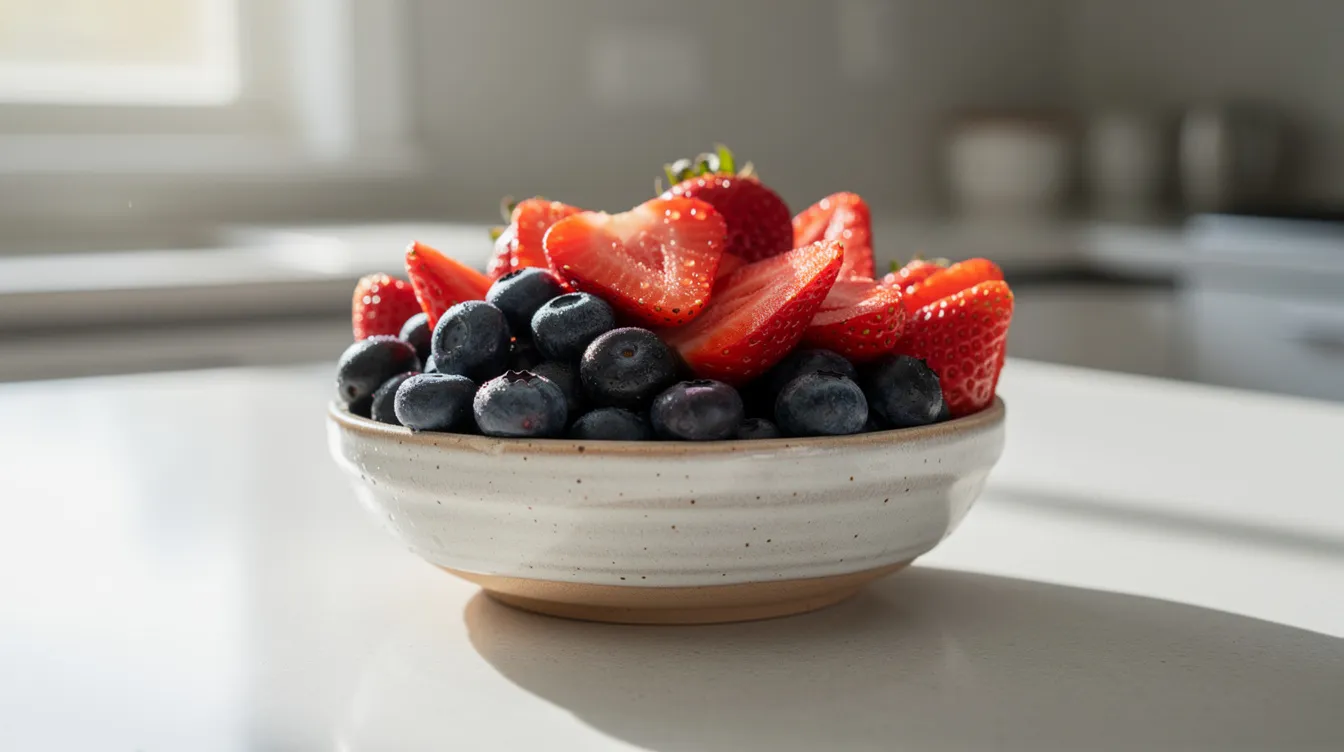 A small bowl filled with fresh blueberries and sliced strawberries sits on a kitchen counter, showcasing vibrant colors and textures. These fruits are not only delicious but also rich in vitamin C, an essential nutrient that supports the immune system and overall health for both humans and pets.