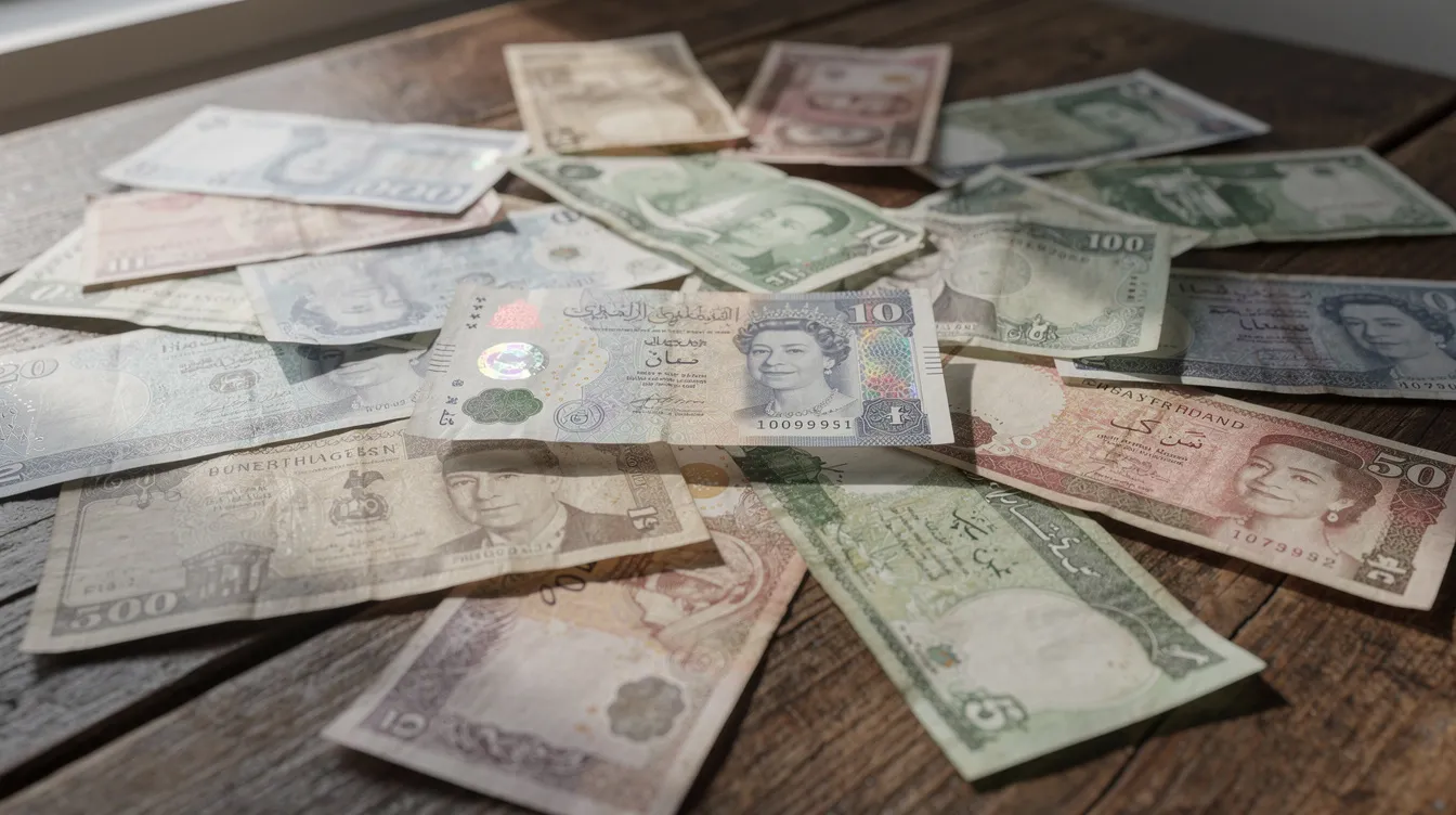 The image displays a variety of currency notes from different countries, including British pounds and Pakistani rupees, neatly spread across a wooden table. This visual representation highlights the diversity of foreign currency, relevant for discussions about international money transfers and sending money abroad.