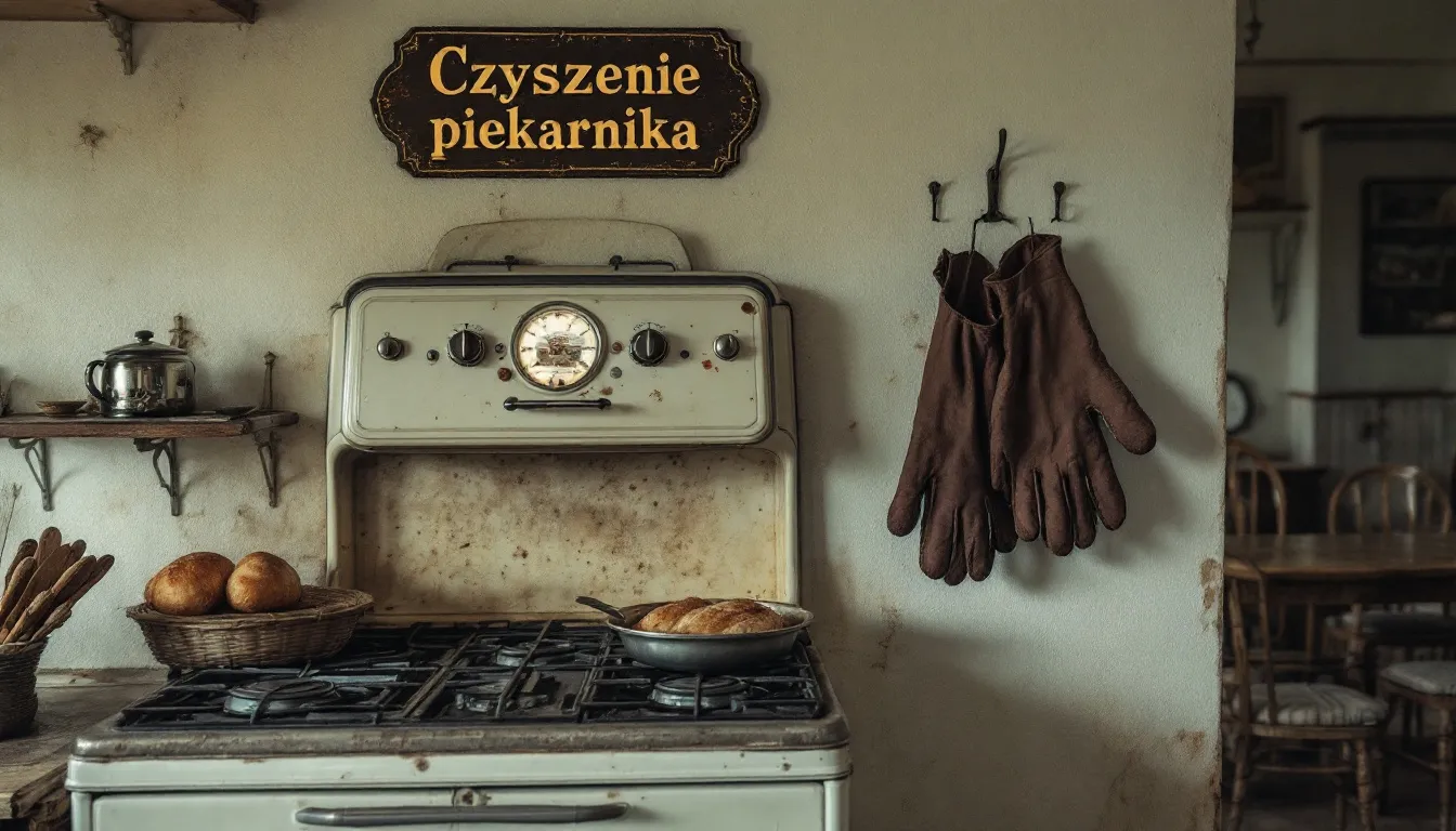 W obrazku przedstawiono proces czyszczenia piekarnika, gdzie osoba używa tabletki do zmywarki, aby usunąć uporczywe zabrudzenia z wnętrza piekarnika. Na stole znajdują się akcesoria do czyszczenia, takie jak miękka ściereczka oraz naczynie żaroodporne z gorącą wodą, co wskazuje na dokładne mycie urządzenia.