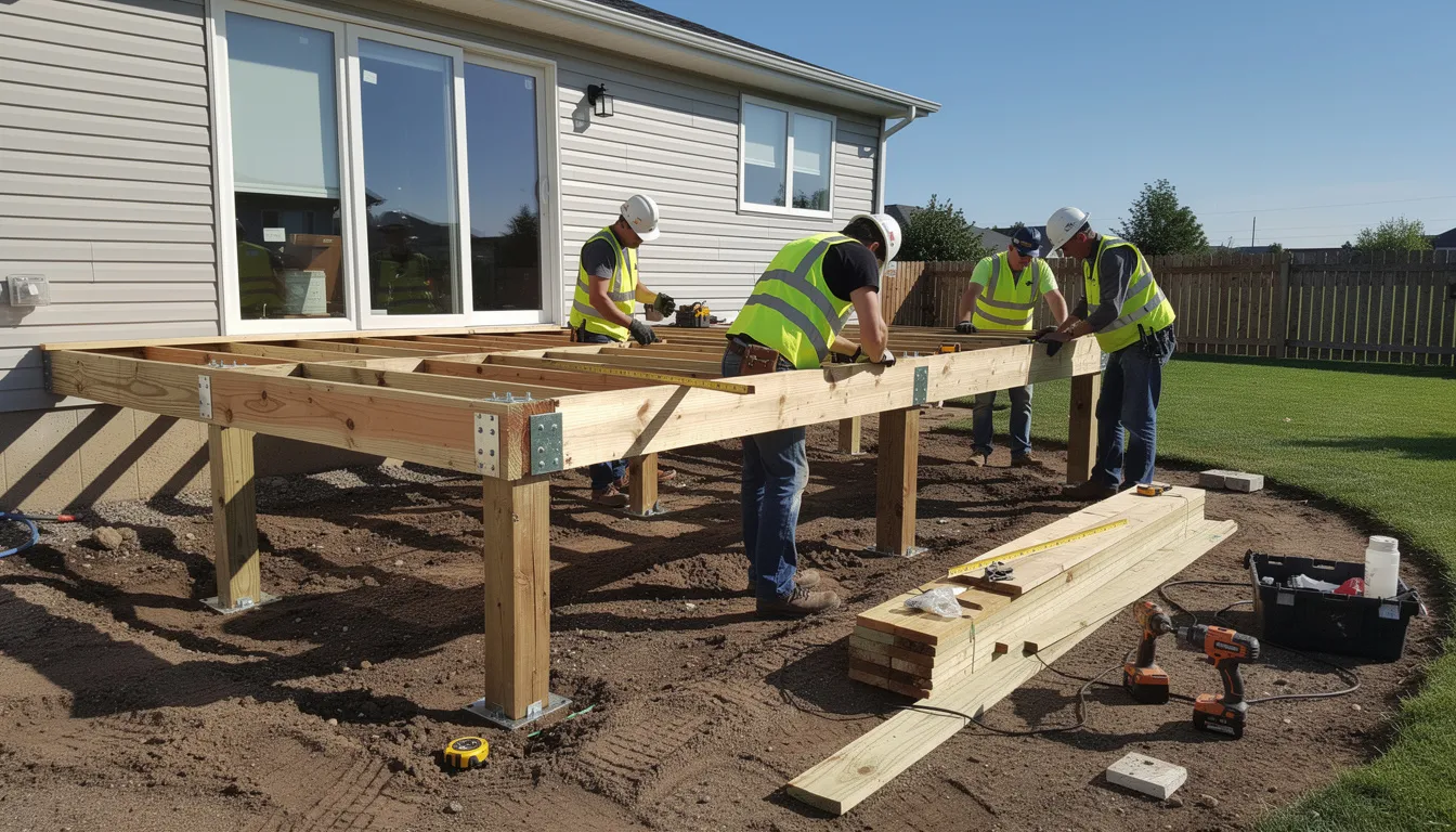 The image shows construction workers assembling a wooden deck frame at ground level on a residential property, highlighting the importance of following local building regulations and obtaining necessary building consent from the Wellington City Council for the deck project. The workers are focused on ensuring the structure complies with the New Zealand building code and safety standards.