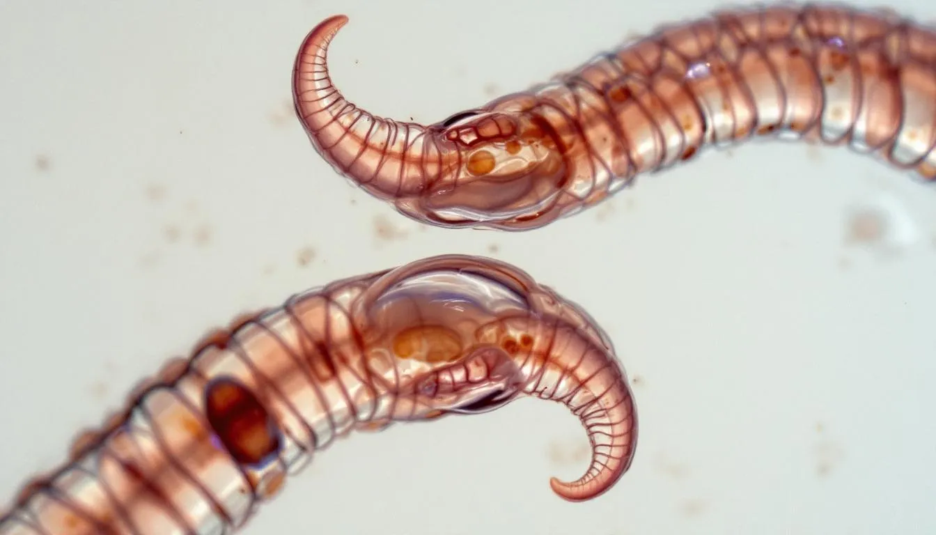 A close-up microscopic view reveals adult hookworms, distinguished by their characteristic hook-shaped mouthparts, which are essential for attaching to the intestinal tract of their hosts. These intestinal parasites, such as Ancylostoma caninum, pose a risk of severe hookworm infections in dogs, particularly in young puppies and nursing female dogs.