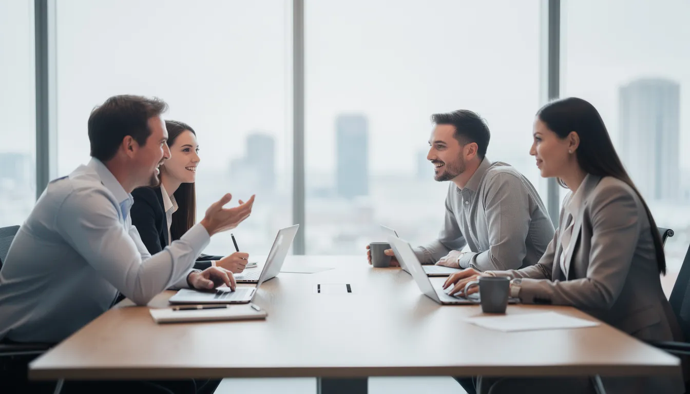 A group of business professionals is engaged in an informal meeting around a table, each with their laptops open, discussing ideas in a collaborative atmosphere. This setting could be ideal for group getaways in the heart of Edinburgh, providing easy access to the city's vibrant culture and historic landmarks like Edinburgh Castle.