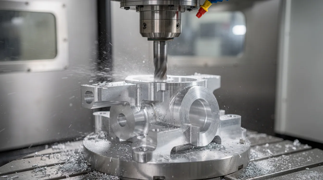 The image shows a close-up view of a 5-axis CNC milling machine actively producing a complex aluminum aerospace bracket, showcasing advanced technology in precision machining. This process is essential for rapid prototyping and manufacturing high-quality parts used in various industries, including aerospace and automotive.