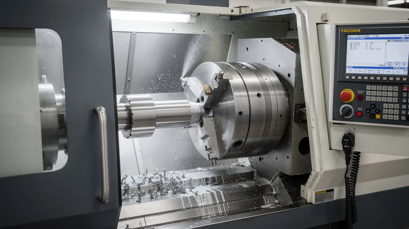 The image depicts a modern CNC turning center featuring a chuck securely holding a steel shaft, with a cutting tool actively engaged in a precision machining operation. This setup illustrates the advanced capabilities of CNC technology in the manufacturing industry, showcasing the efficiency and accuracy of computer numerical control in shaping raw materials.