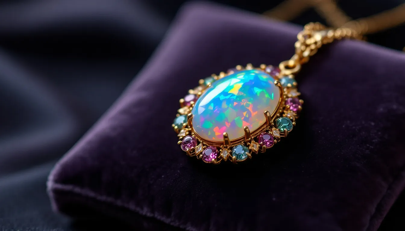 The image features a beautifully handcrafted opal and tourmaline necklace, showcasing a dazzling array of vibrant hues that represent the October birthstone. This striking piece embodies creativity and individuality, making it a meaningful gift for those celebrating October birthdays.